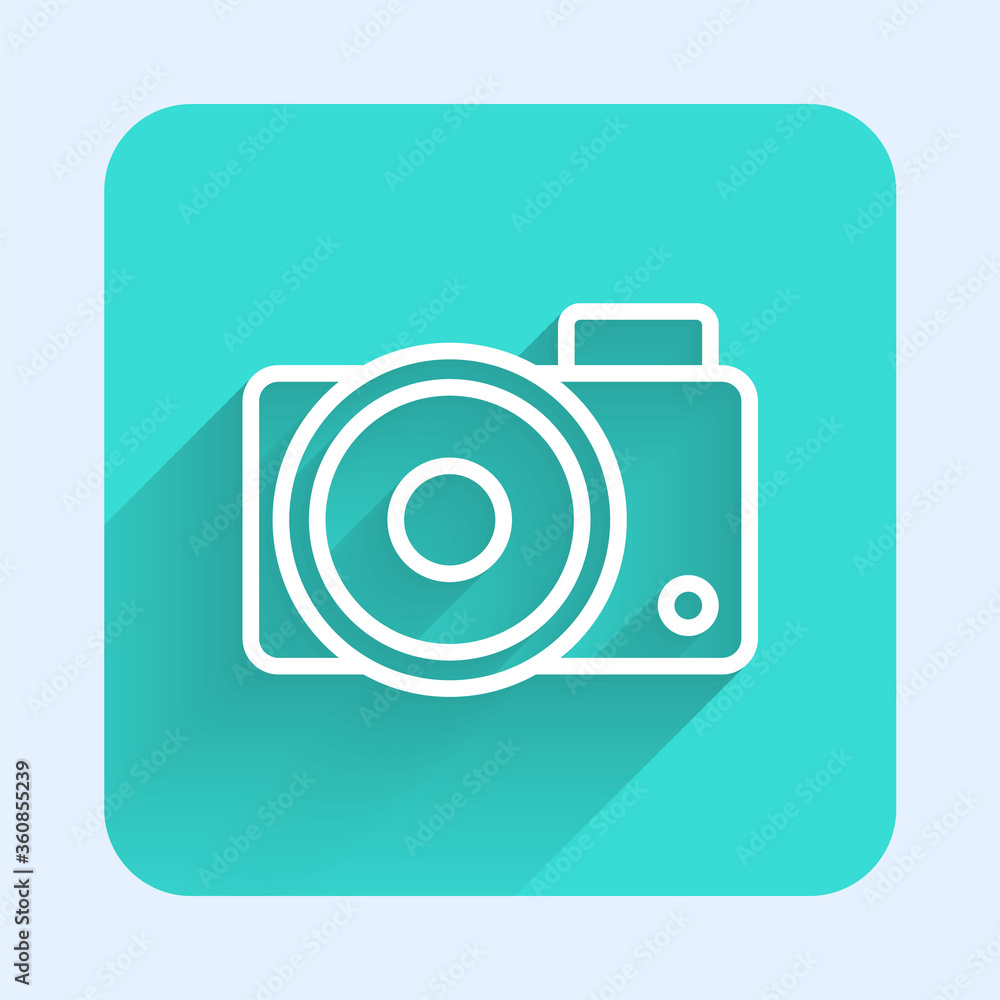 White line Photo camera icon isolated with long shadow. Foto camera icon. Green square button. Vector Illustration White line Photo camera icon isolated with long shadow. Foto camera icon. Green square button. Vector Illustration