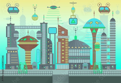 Futuristic city in flat cartoon design style. Panorama of a modern city with modern buildings and futuristic traffic. Vector illustration for games.