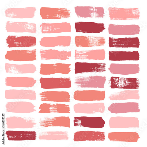 Makeup strokes, Set of lipstick swatches, Beauty and cosmetic nude, pink and red brush smudges vector background. smear make up lines collection, liquid make up texture isolated on white.