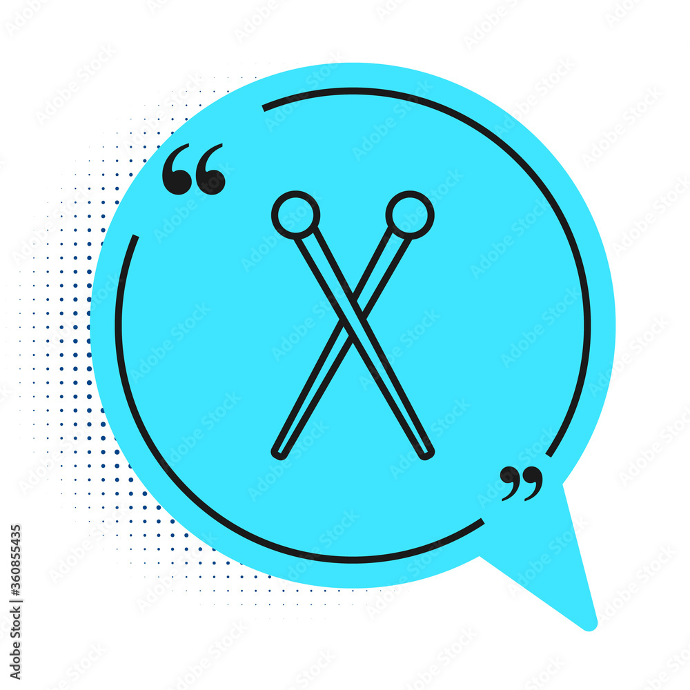 Black line Knitting needles icon isolated on white background. Label for hand made, knitting or tailor shop. Blue speech bubble symbol. Vector Illustration
