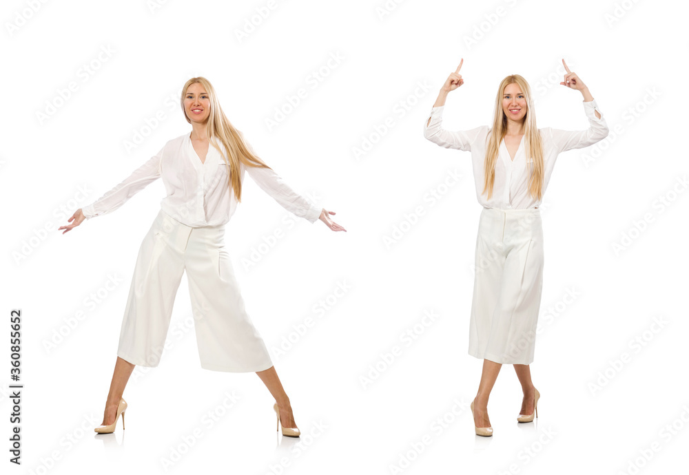 Blond hair model in elegant flared pants isolated on white Blond hair model in elegant flared pants isolated on white