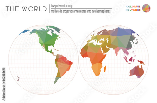 Low poly world map. Mollweide projection interrupted into two hemispheres of the world. Colorful colored polygons. Trending vector illustration.