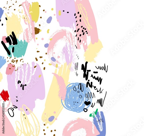 Abstract colorful paint background. Brush, marker, highlight stroke pattern. Vector artwork. Memphis vintage, retro style. Child, kid cute sketch drawing. Pink, purple, black, yellow, red, green color