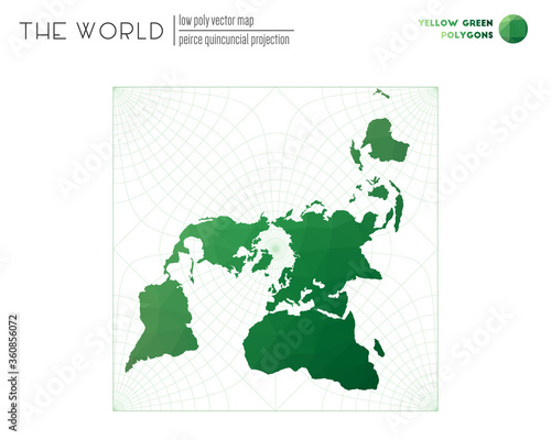 World map with vibrant triangles. Peirce quincuncial projection of the world. Yellow Green colored polygons. Stylish vector illustration.