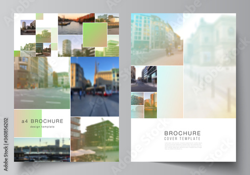 Vector layout of A4 cover mockups design templates for brochure, flyer layout, booklet, cover design, book design, brochure cover. Abstract project with clipping mask green squares for your photo.