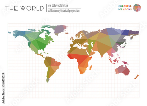 Triangular mesh of the world. Patterson cylindrical projection of the world. Colorful colored polygons. Elegant vector illustration.