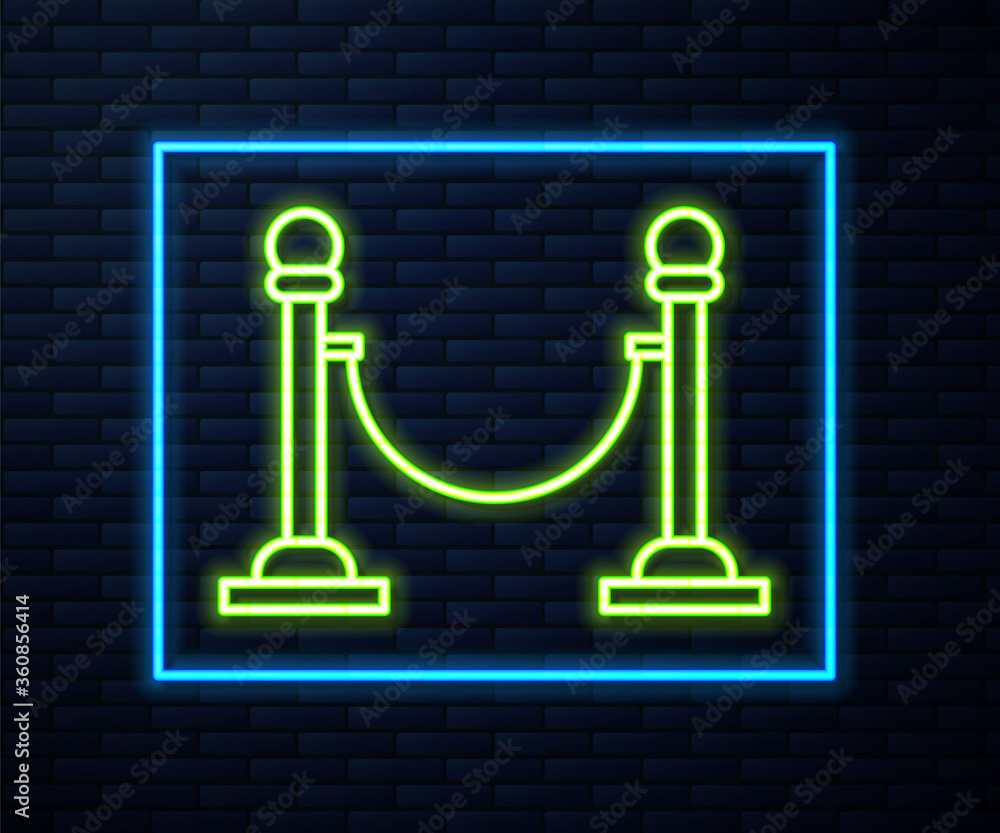 Glowing neon line Rope barrier icon isolated on brick wall background. VIP event, luxury celebration. Celebrity party entrance. Vector Illustration Glowing neon line Rope barrier icon isolated on brick wall background. VIP event, luxury celebration. Celebrity party entrance. Vector Illustration