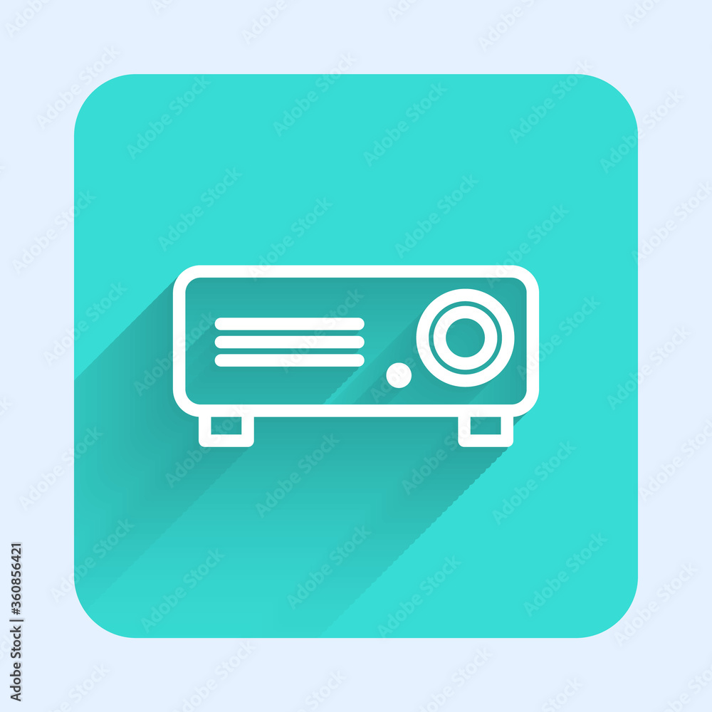 White line Presentation, movie, film, media projector icon isolated with long shadow. Green square button. Vector Illustration White line Presentation, movie, film, media projector icon isolated with long shadow. Green square button. Vector Illustration