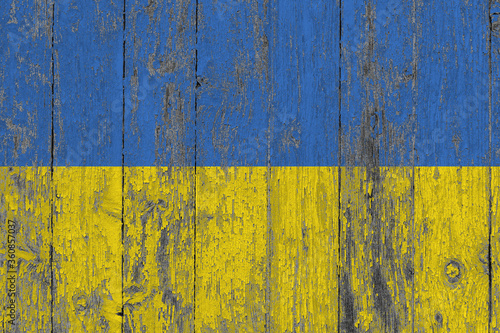 Ukraine flag on grunge scratched wooden surface. National vintage background. Old wooden table scratched flag surface.
