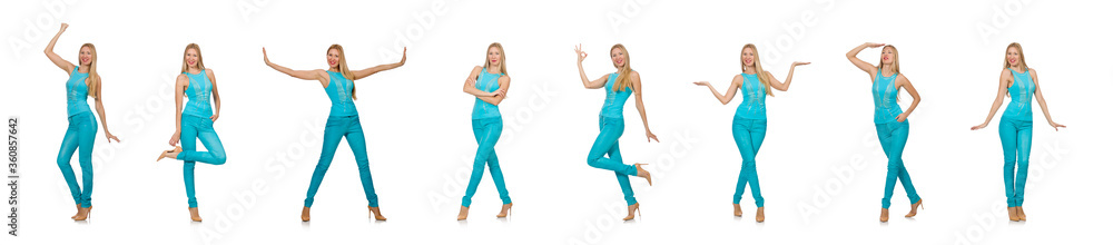 Beautiful girl in blue clothing isolated on white Beautiful girl in blue clothing isolated on white