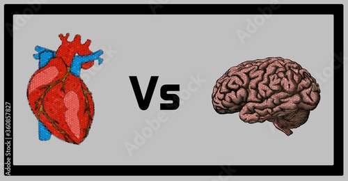 Ilustración de un corazon enfrentado a un cerebro dibujados con efecto de mosaico. Esta ilustración representa las formas de actuar frente a algo, a veces usamos el corazón y otras el cerebro