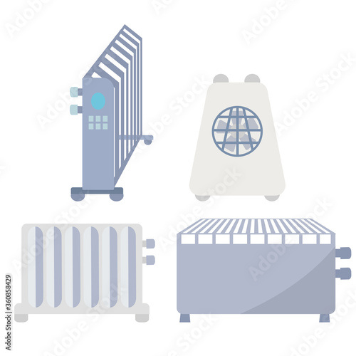 Set of Home warm heaters icons. Collection of heating system for house used in cold seasons. Radiators isolated on a white background. Vector illustration in flat style.