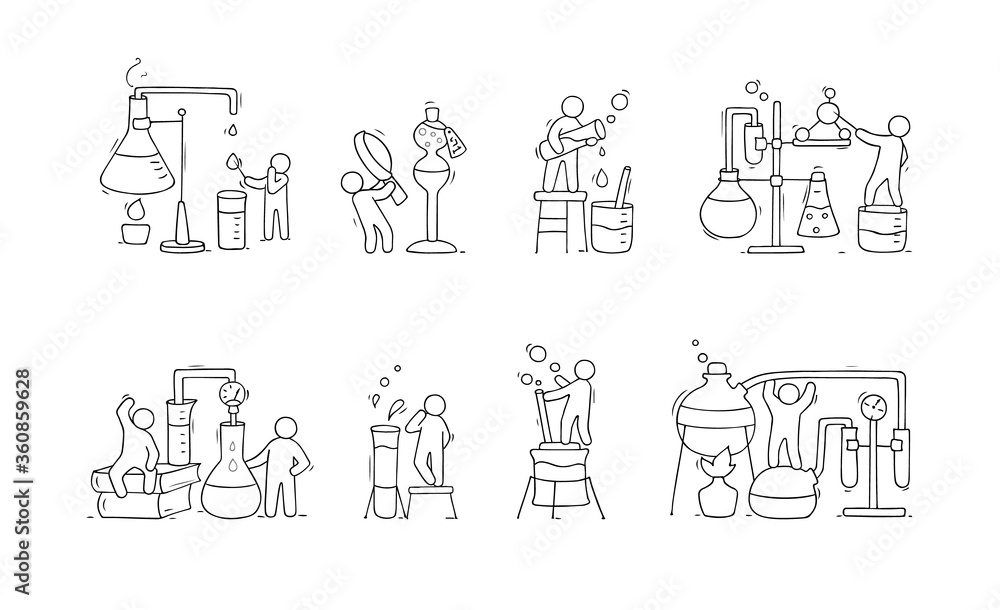 Set of chemical icons with working people.