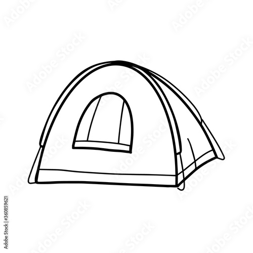 Tourist or military tent. Camping equipment. Shelter for Hiking, adventure travel, recreation and mountaineering. Vector illustration in the Doodle style.