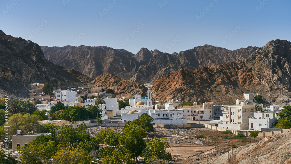 A typical Omani village of white washed houses. 