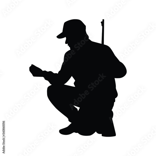 Animal hunter man with his sniper gun silhouette vector on white