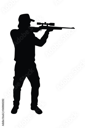 Animal hunter man with his sniper gun silhouette vector on white