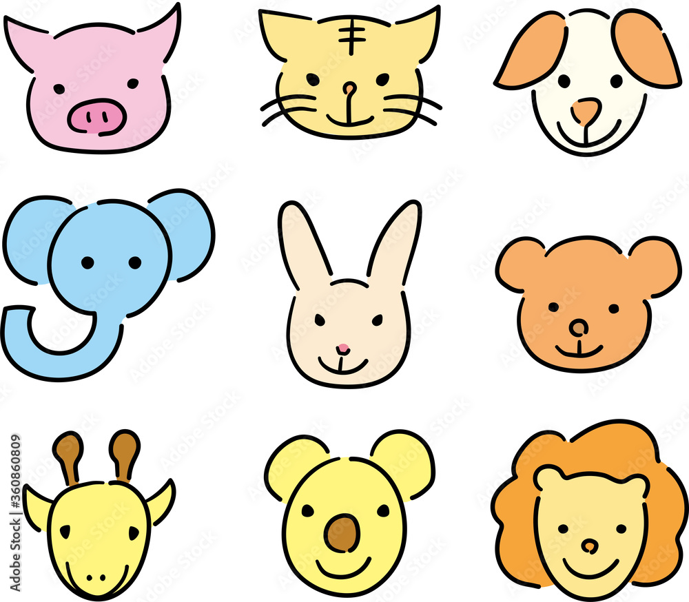 動物のイラスト。豚、猫、犬、象、ウサギ、くま、キリン、コアラ、ライオン。 動物のイラスト。豚、猫、犬、象、ウサギ、くま、キリン、コアラ、ライオン。