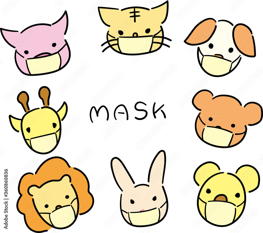 マスクをした動物のイラスト 豚 猫 犬 ウサギ くま キリン コアラ ライオン Stock Vektorgrafik Adobe Stock