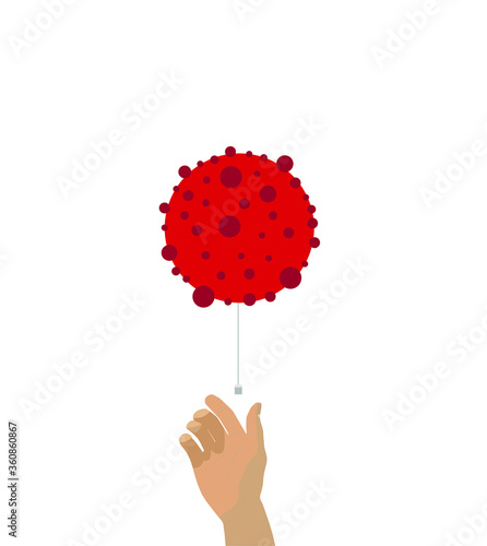 Image of covid-19 virus and the hand of a person who is fighting it, on a white background