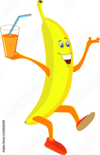 Cheerful smiling banana holds in his hand a glass of banana juice.