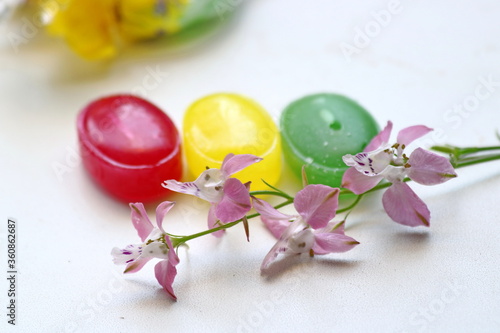 colorful lollipops on a white background close-up, macro, decorated with a sprig of wild flowers