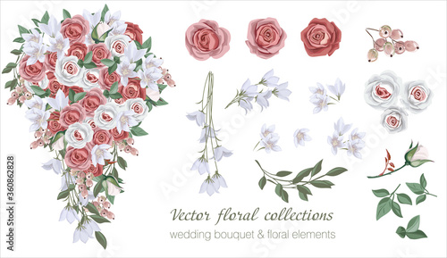Vector floral set with leaves and flowers. Elements for your compositions, greeting cards or wedding invitations. Red and white roses, berries and white flowers