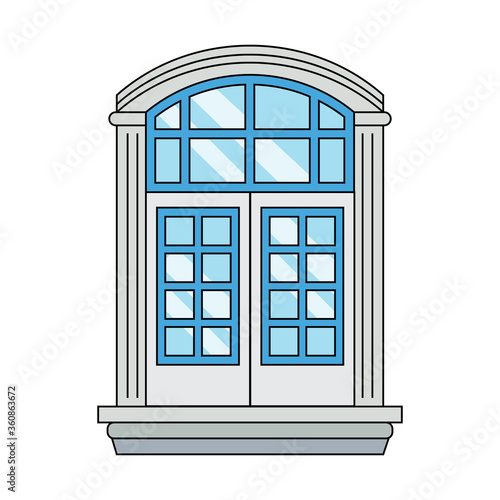 Window isolated on white background. Arched classic shape with columns. Glass with light reflections. Vector illustration of interior and exterior element.