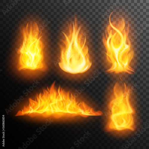 Set of realistic burning fire flames, on transparent background. Vector.