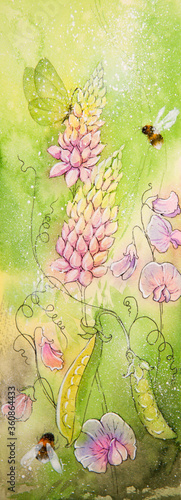 summer background painted watercolor illustration. flowers summer lupines, bumblebees and butterflies on a vertical postcard composition. 