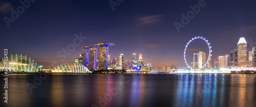 Panorama view of downtown business buildings area at night in Singapore.Singapore is a world famous tourist city.