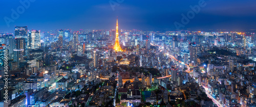 Panorama view over Tokyo tower and Tokyo cityscape view from Roppongi Hills at night in Tokyo,Japan