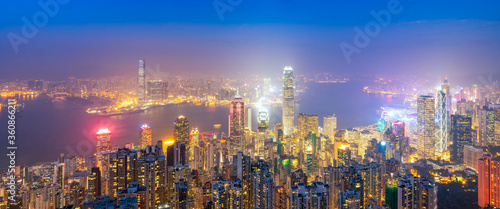 Photography Panorama view over Hong kong downtown the famous cityscape view of Hong Kong skyline during twilight time view from the Victoria peak in Hong Kong