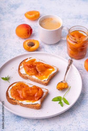 Homemade apricot jam and creme cheese toasts.