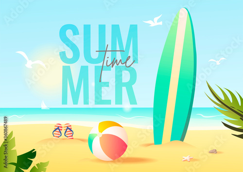 Summer time card with surfboard and ball on the beach. Vector illustration for card, banner, poster, postcard, cover.