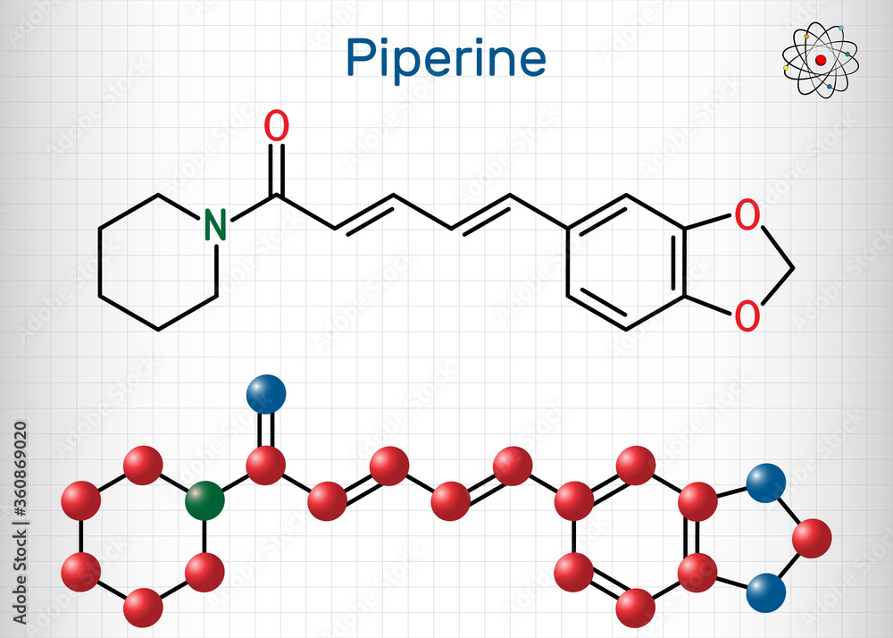 Piperine, C17H19NO3 molecule. It is alkaloid isolated from the plant Piper nigrum. It has role as plant metabolite, food component, human blood serum metabolite. Sheet of paper in a cage Piperine, C17H19NO3 molecule. It is alkaloid isolated from the plant Piper nigrum. It has role as plant metabolite, food component, human blood serum metabolite. Sheet of paper in a cage