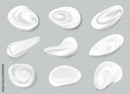Set of realistic cosmetic cream smears. White creamy drop skincare cream product lotion thick fresh smooth smear isolated vector texture