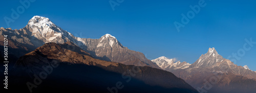 Panorama nature view of Himalayan mountain range with clear blue sky at Nepal