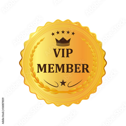 Gold premium Vip Member golden label. Gold shiny emblem. Stock vector illustration on white isolated background.