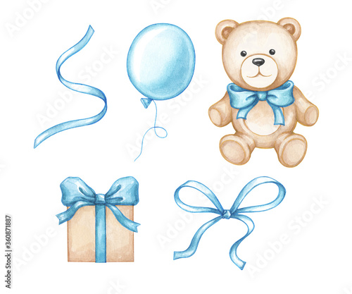Items for the holiday, congratulations in turquoise color: satin ribbons, toy, gift box, balloon. Set of elements for design, scrapbooking. Watercolor illustration.