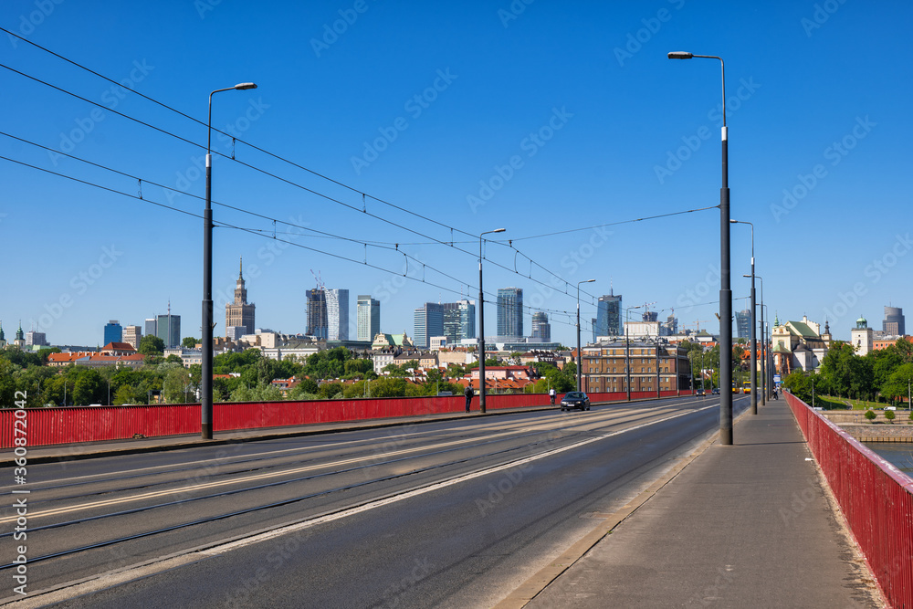 Street and City Skyline in Warsaw, Poland