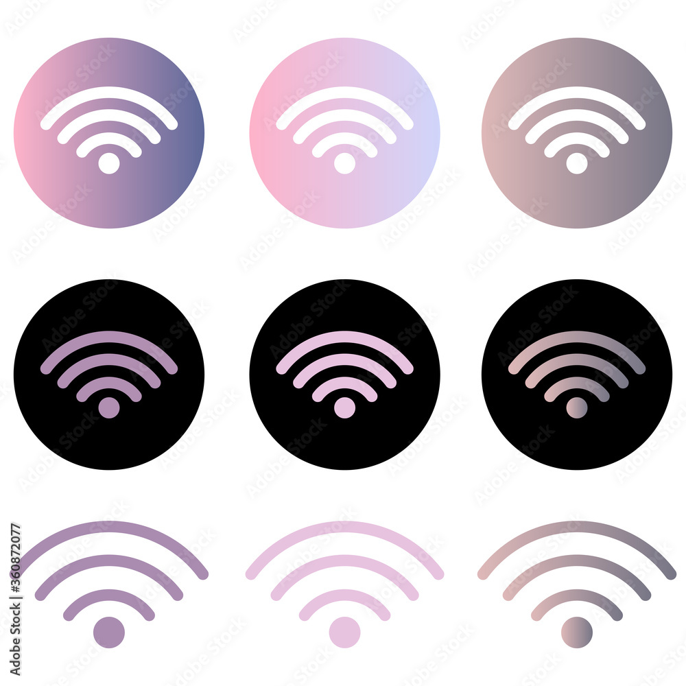 Round gradient colorful wireless and wifi icons set. Free wifi. Round button with wifi icon for remote internet access. Vector illustration isolated on white background eps10 Round gradient colorful wireless and wifi icons set. Free wifi. Round button with wifi icon for remote internet access. Vector illustration isolated on white background eps10
