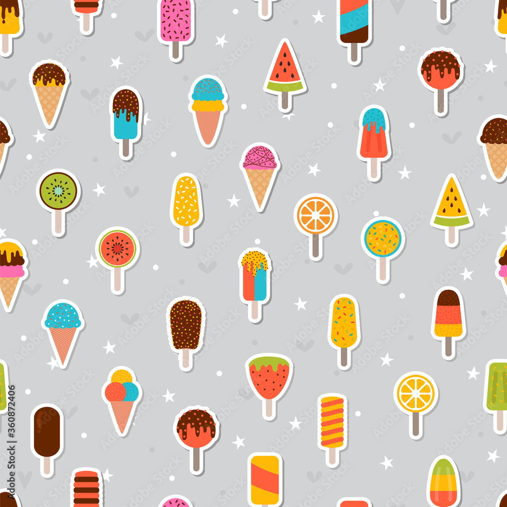 Tasty colorful ice cream seamless pattern. Sweet summer background. Cute fabric print, wrapping paper. Stickers Tasty colorful ice cream seamless pattern. Sweet summer background. Cute fabric print, wrapping paper. Stickers