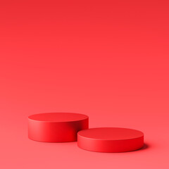 Red product display or podium stand on red background with advertising banner. Modern pedestal for design. 3D rendering.