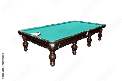 Full pool table with green top, balls on white