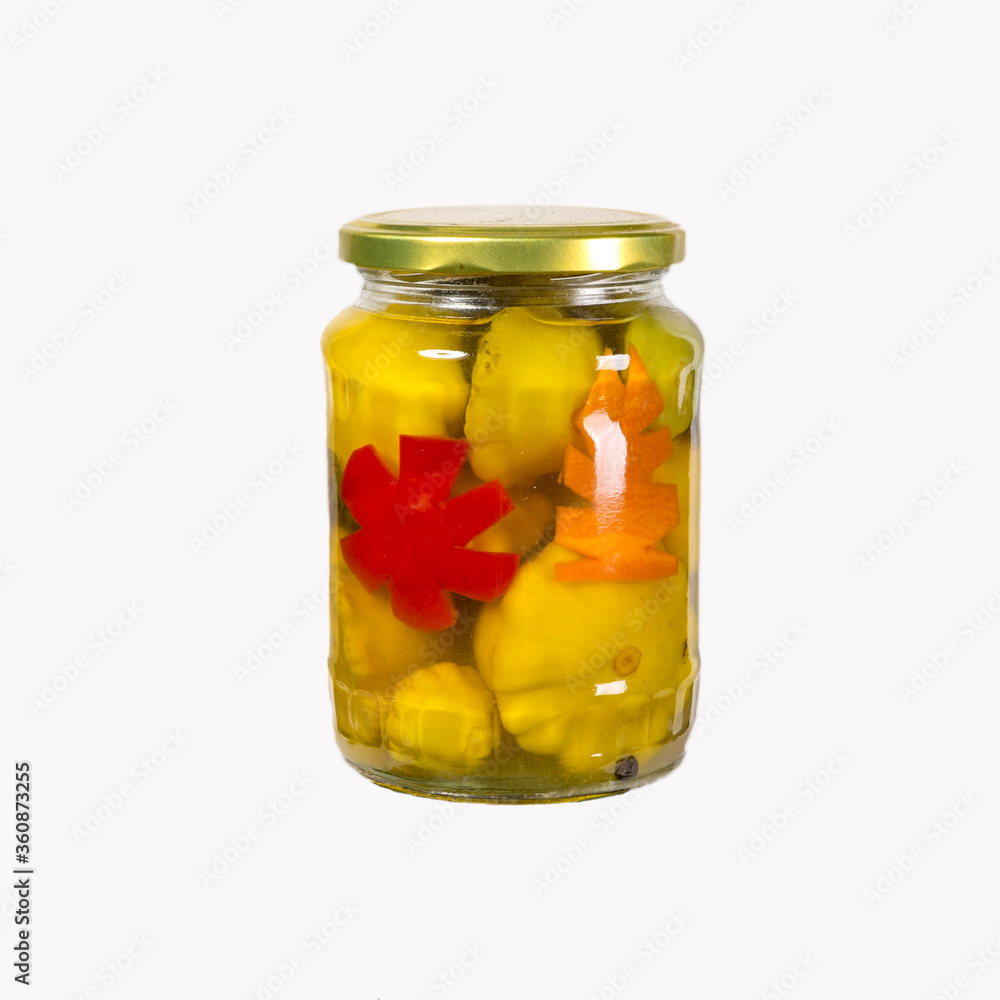 marinated scalloped squash in glass jar isolated on white marinated scalloped squash in glass jar isolated on white