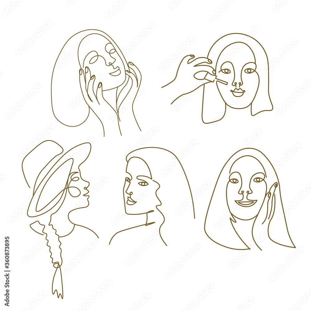 Set of abstract portraits of beautiful girls. Сoncept for spa salon, eco cosmetics vector icons in sketch style. Line style. Isolated on white background. Set of abstract portraits of beautiful girls. Сoncept for spa salon, eco cosmetics vector icons in sketch style. Line style. Isolated on white background.