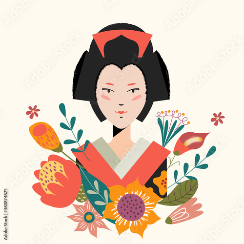 Female portrait with flowers. Vector illustration.