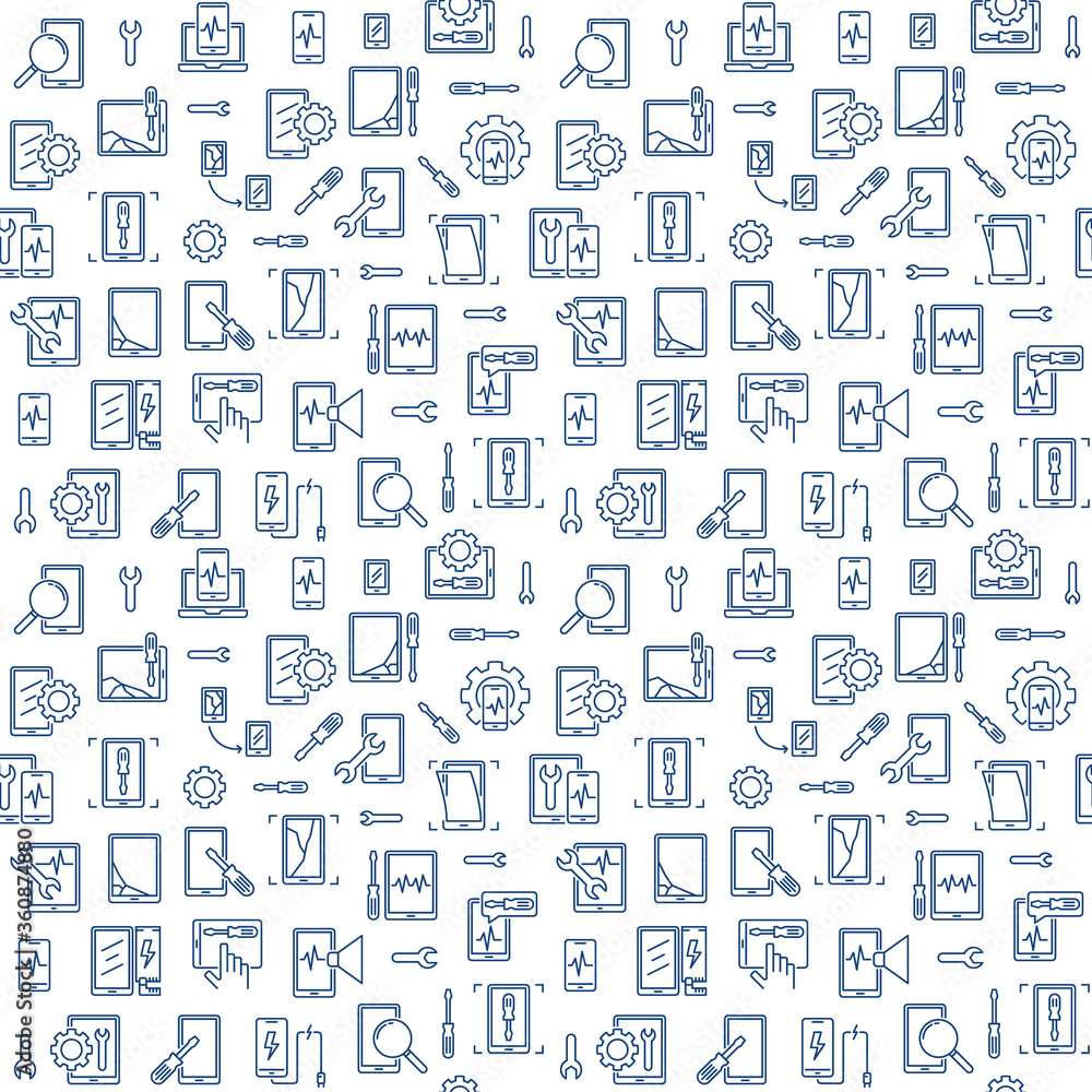 Smartphone Repair Service vector minimal seamless pattern in thin line style Smartphone Repair Service vector minimal seamless pattern in thin line style