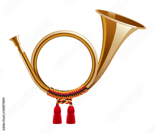 Post horn with yellow black red ribbon. Wind musical instrument. Vector illustration.